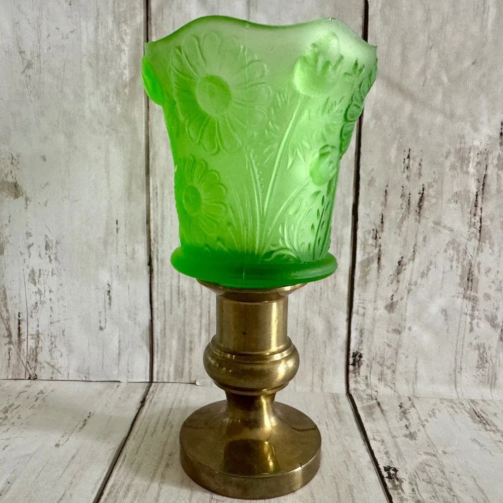 Vintage Green Uranium Glass Floral Satin Frosted Brass Candle Holder 5 1/2
